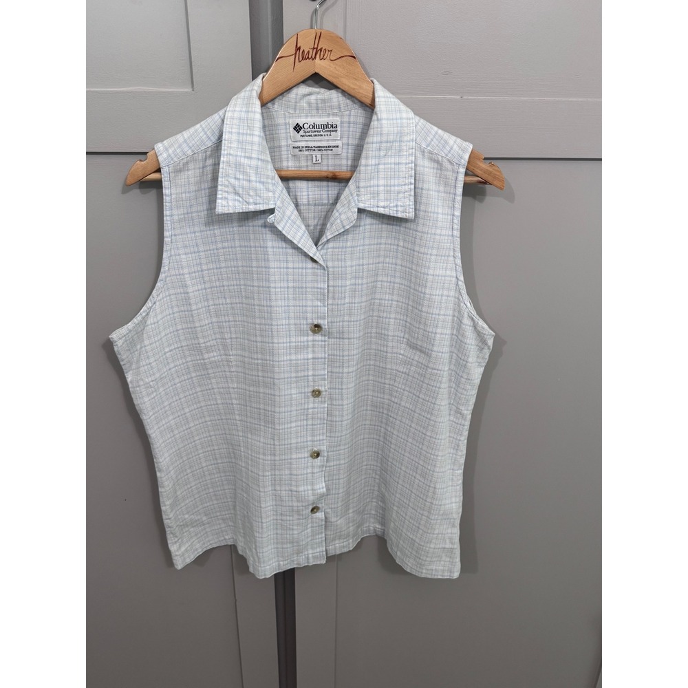 Columbia Womens Sleeveless Plaid Button Up Shirt Blue White Cotton Large